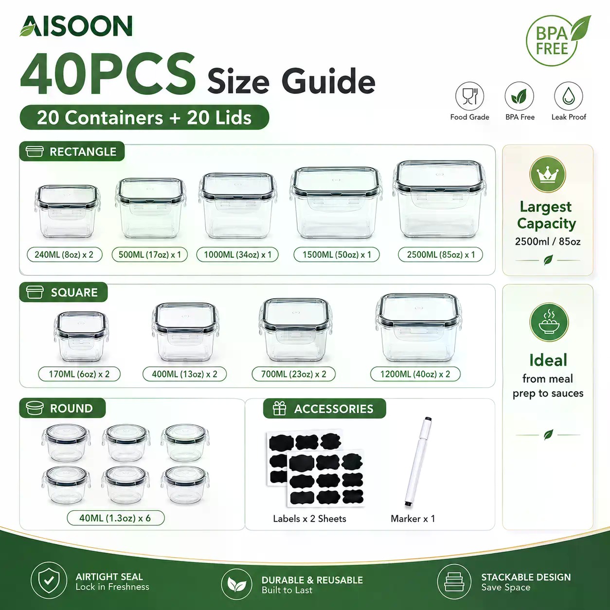 40 PCS Extra Large 85oz Silico - Food Storage Organization 评论和价格